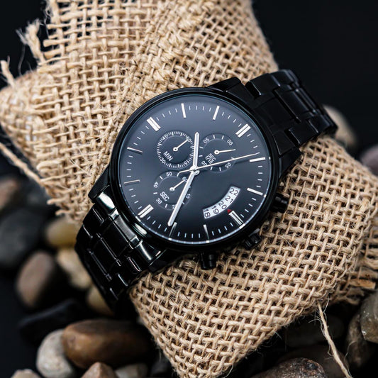 This customizable engraved black chronograph watch is the perfect blend of elegance and personal touch. With its sleek design and detailed features, it makes a meaningful gift for any occasion.