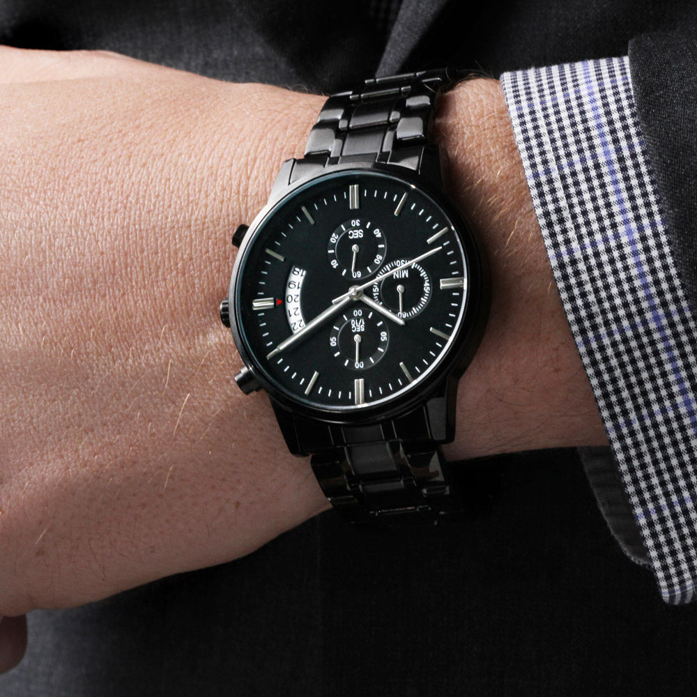 Elevate your gift with this sleek customizable engraved chronograph watch. Its bold black finish and elegant features make it stylish and functional, while your personal engraving adds deep emotional value. A perfect keepsake for someone truly special.
