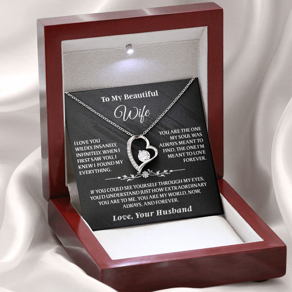 To My Wife – Forever Love Necklace Gift Set in silver, beautifully displayed in a satin-lined wooden box with a touching love message.