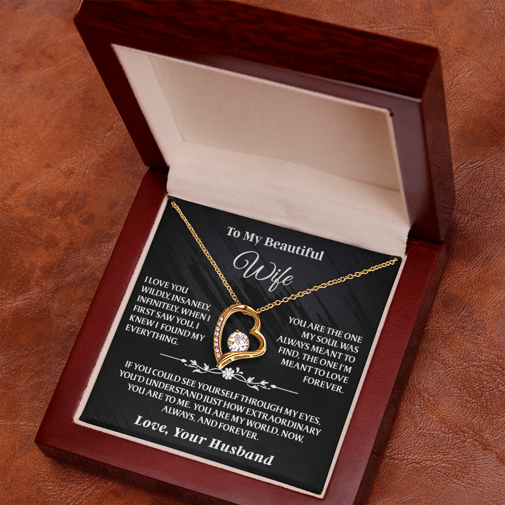 To My Wife – Forever Love Necklace Gift Set with gold heart pendant in a wooden box, includes romantic message card for gifting your wife.