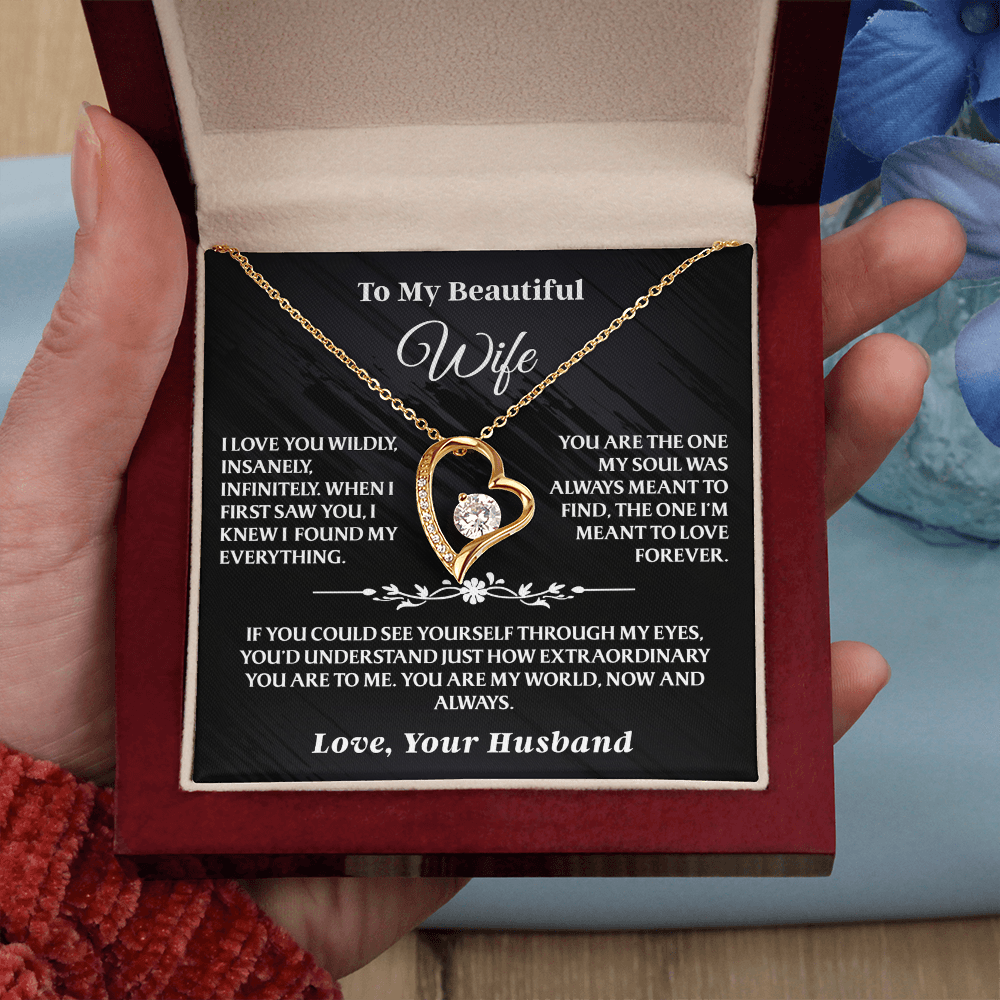 To My Wife - Forever Love Necklace Gift Set - AA38 in gold shown in hand with elegant wooden box and romantic message card.