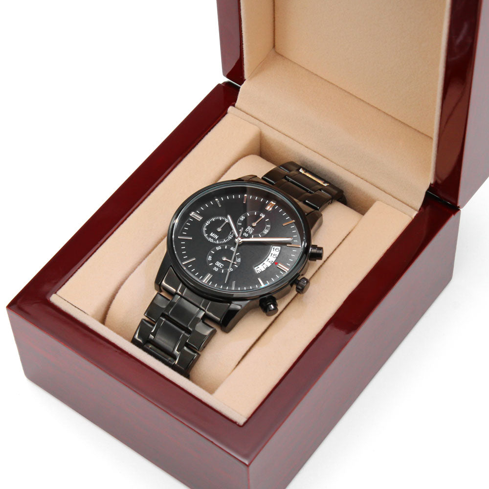 This engraved black chronograph watch is the perfect mix of modern style and personal sentiment. With its bold design and customizable back, it’s a gift that speaks directly from the heart. Whether for a loved one or yourself, it’s timeless, practical, and uniquely meaningful.