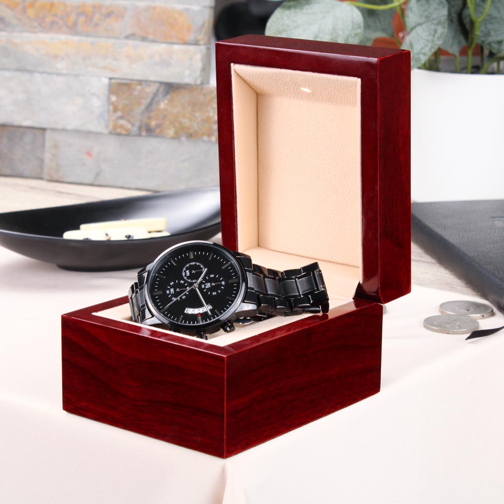 Timeless and customizable, this black chronograph watch is perfect for showing appreciation in a memorable way. Add a name, date, or heartfelt message to the back for a truly personal gift.