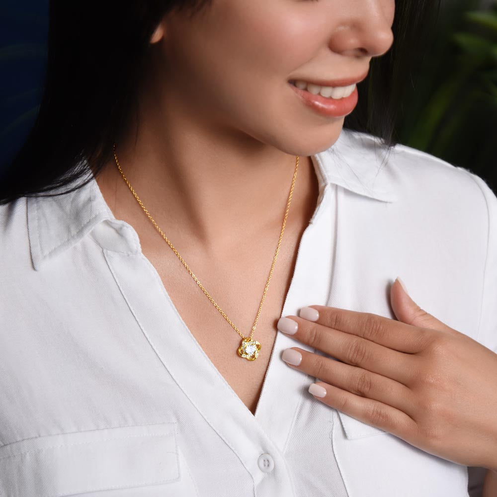 Romantic necklace gift for your wife, featuring a timeless love knot design. A meaningful reminder that she’s your everything, wrapped in beauty and lasting affection.