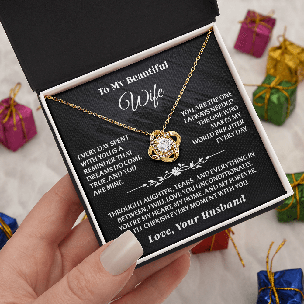 Gold version of the To My Beautiful Wife - Love Knot Gift Set - AA17 shown in black gift box with romantic message and festive background.