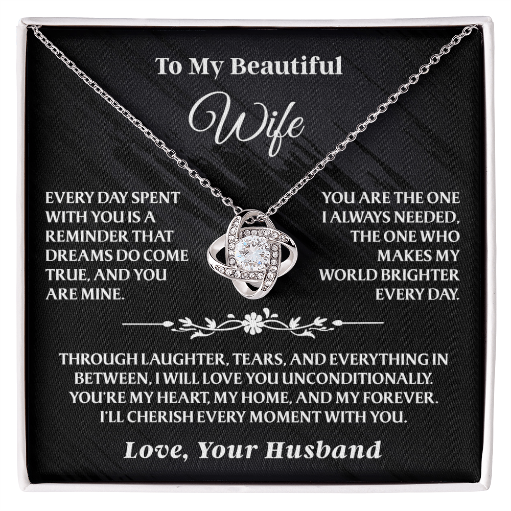To My Beautiful Wife - Love Knot Gift Set - AA17 features a silver love knot necklace with sparkling stones on a heartfelt message card in a gift box.
