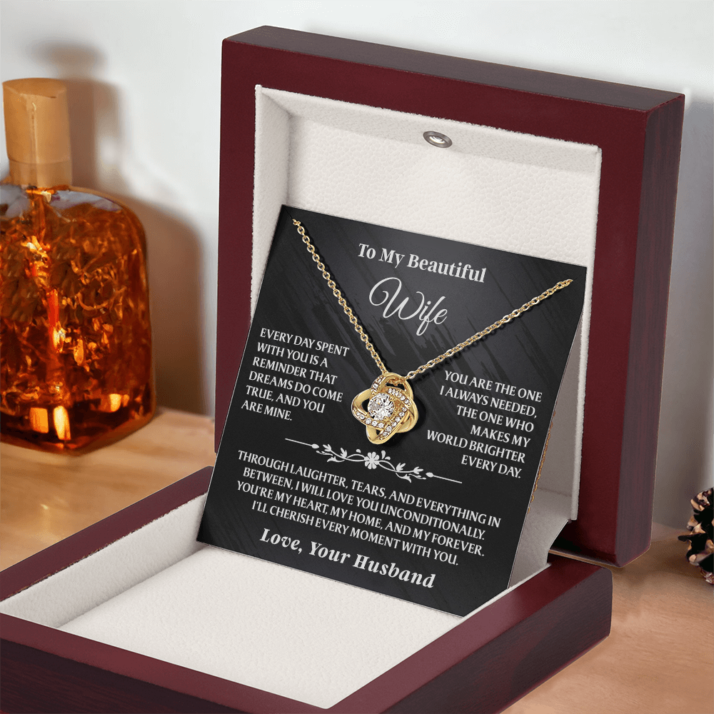 Gold Love Knot Necklace from the To My Beautiful Wife - Love Knot Gift Set - AA17 presented in cherry wood box with romantic message card on vanity.
