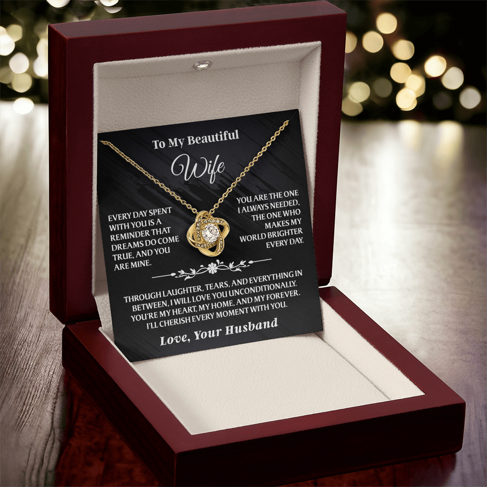 To My Beautiful Wife - Love Knot Gift Set - AA17 gold necklace displayed in cherry wood box with heartfelt message card and holiday decor.