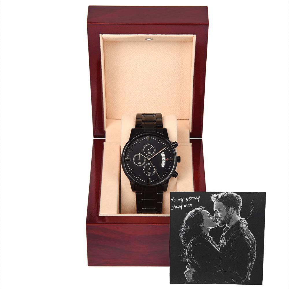 Celebrate the strength and presence of your man with this bold black chronograph watch. Designed to match his resilience and determination, this watch is a daily reminder of your love and pride. A meaningful gift that he’ll wear with confidence and cherish forever.