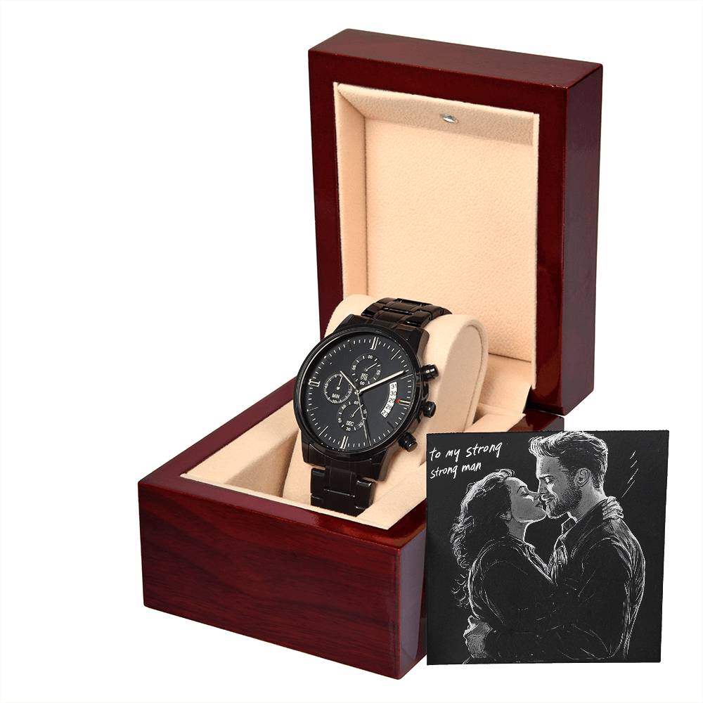 Show your man how much he means to you with this bold black chronograph watch. A symbol of strength and unwavering love, this watch is both stylish and meaningful. A great gift that speaks to his power, presence, and the deep connection you share.