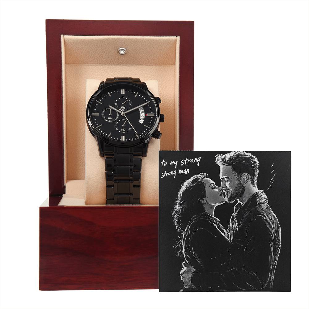 This black chronograph watch is the perfect gift for your strong and dependable man. Rugged yet refined, it represents power, purpose, and love. Whether it’s for a birthday or a surprise, let him wear this timepiece knowing he’s deeply valued and admired.