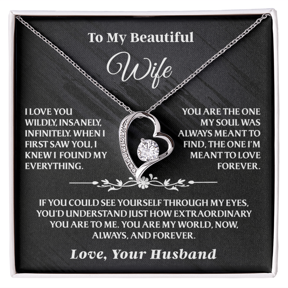 To My Wife – Forever Love Necklace Gift Set featuring a silver heart-shaped pendant with a sparkling center stone, displayed on a romantic message card.