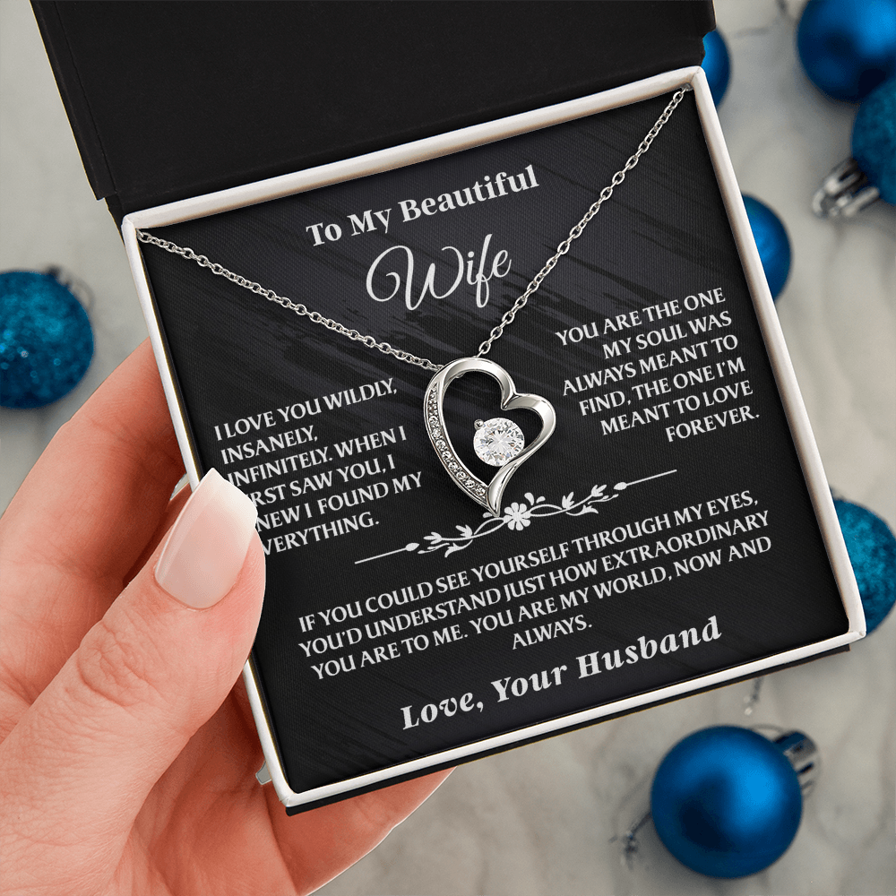 Silver Forever Love Necklace Gift Set - AA38 for wife with heart pendant and love message, presented in black gift box with festive blue ornaments.