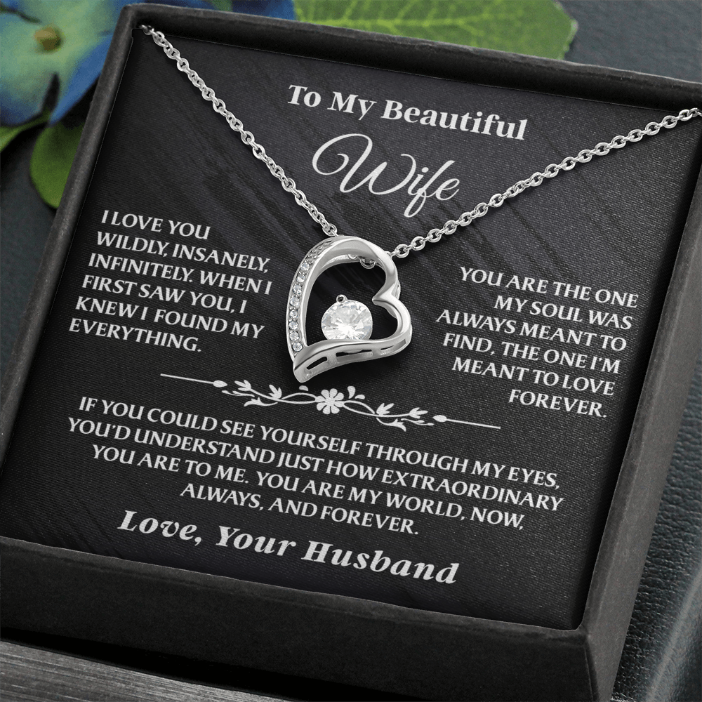To My Wife – Forever Love Necklace Gift Set in silver, presented in a black gift box with heartfelt message, ideal for anniversaries or special occasions.