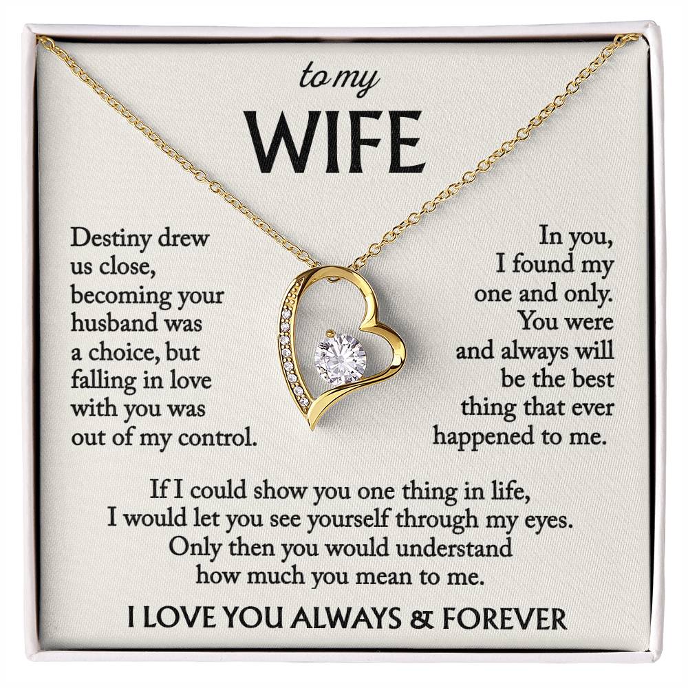 Express your timeless love with the "To My Wife – I Love You Always & Forever" necklace. This elegant gift symbolizes eternal affection, commitment, and appreciation.