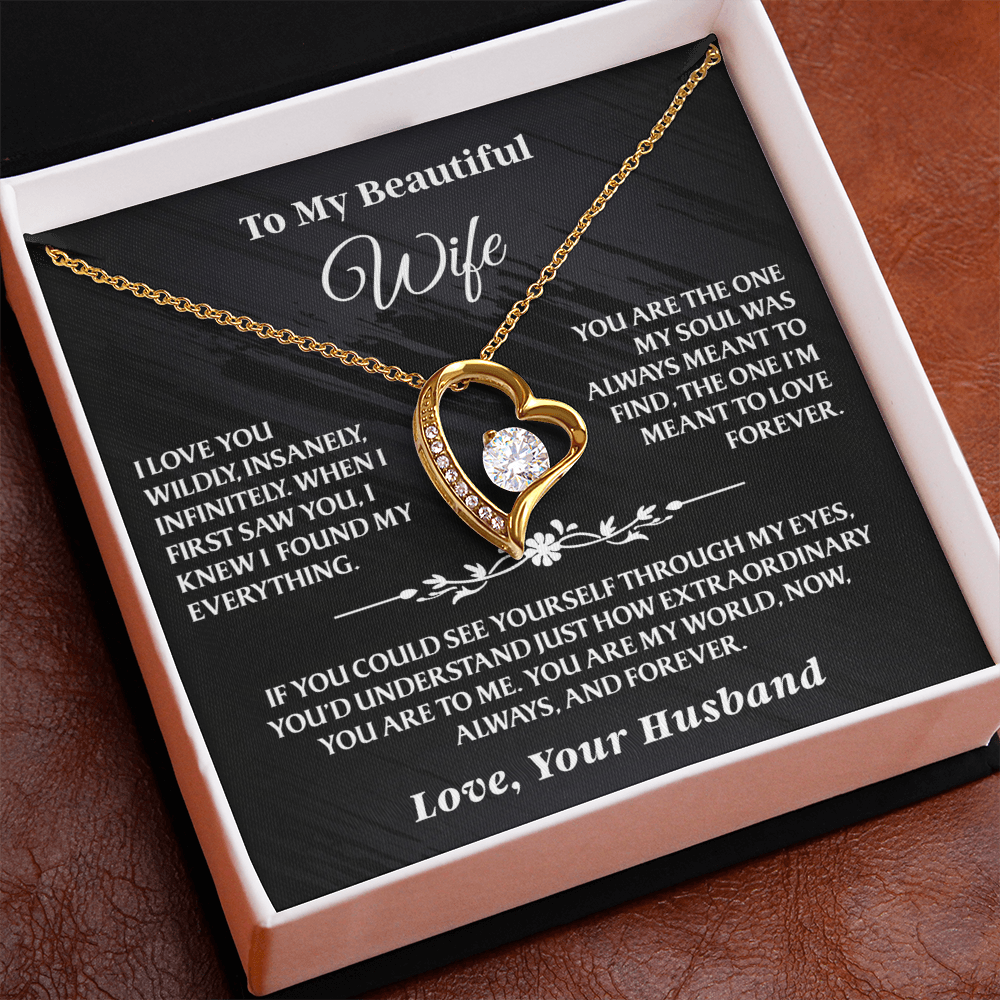 To My Wife – Forever Love Necklace Gift Set in gold, elegantly boxed with heartfelt message, ideal for birthdays, anniversaries, or just because.