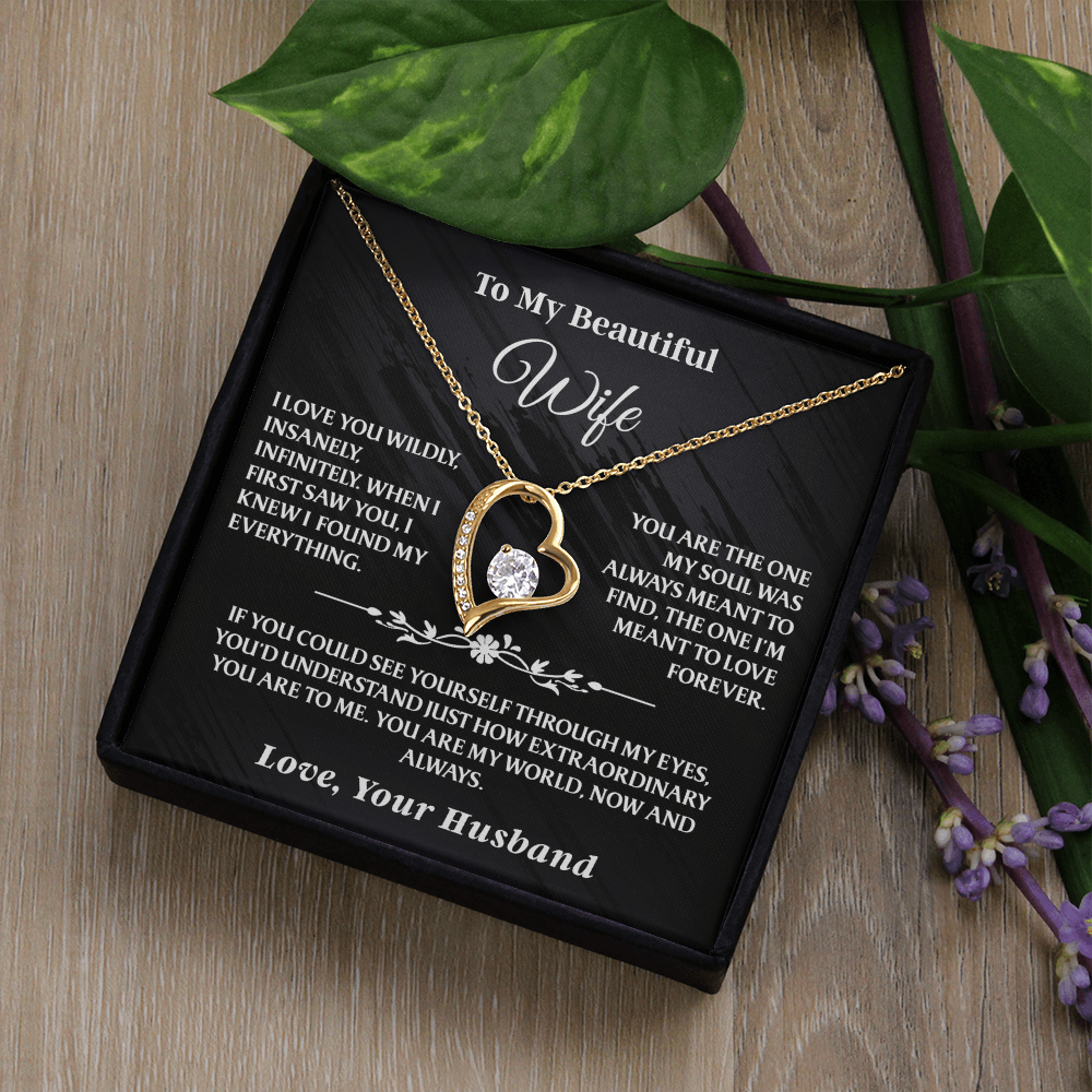 Gold Forever Love Necklace Gift Set - AA38 for wife featuring heart-shaped pendant and heartfelt message card, displayed with floral decor.