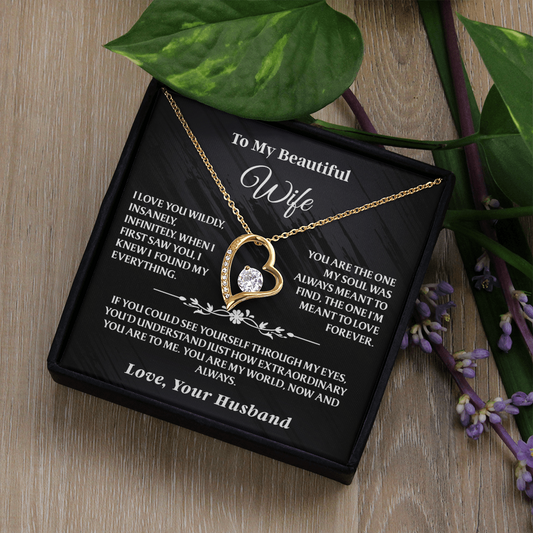 Gold Forever Love Necklace Gift Set - AA38 for wife featuring heart-shaped pendant and heartfelt message card, displayed with floral decor.