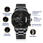 A bold and stylish black chronograph watch with engraving options to make it uniquely yours. Personalize it with a name, date, or message for an unforgettable gift.