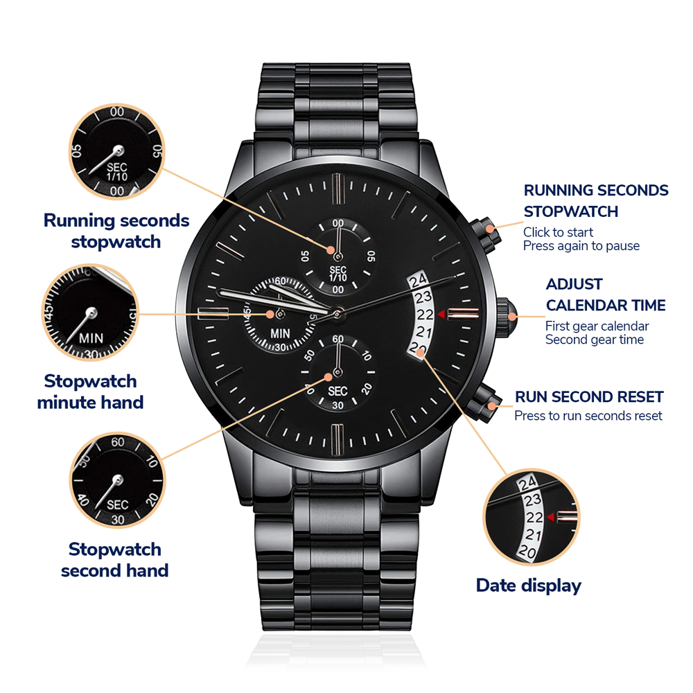 A bold and stylish black chronograph watch with engraving options to make it uniquely yours. Personalize it with a name, date, or message for an unforgettable gift.