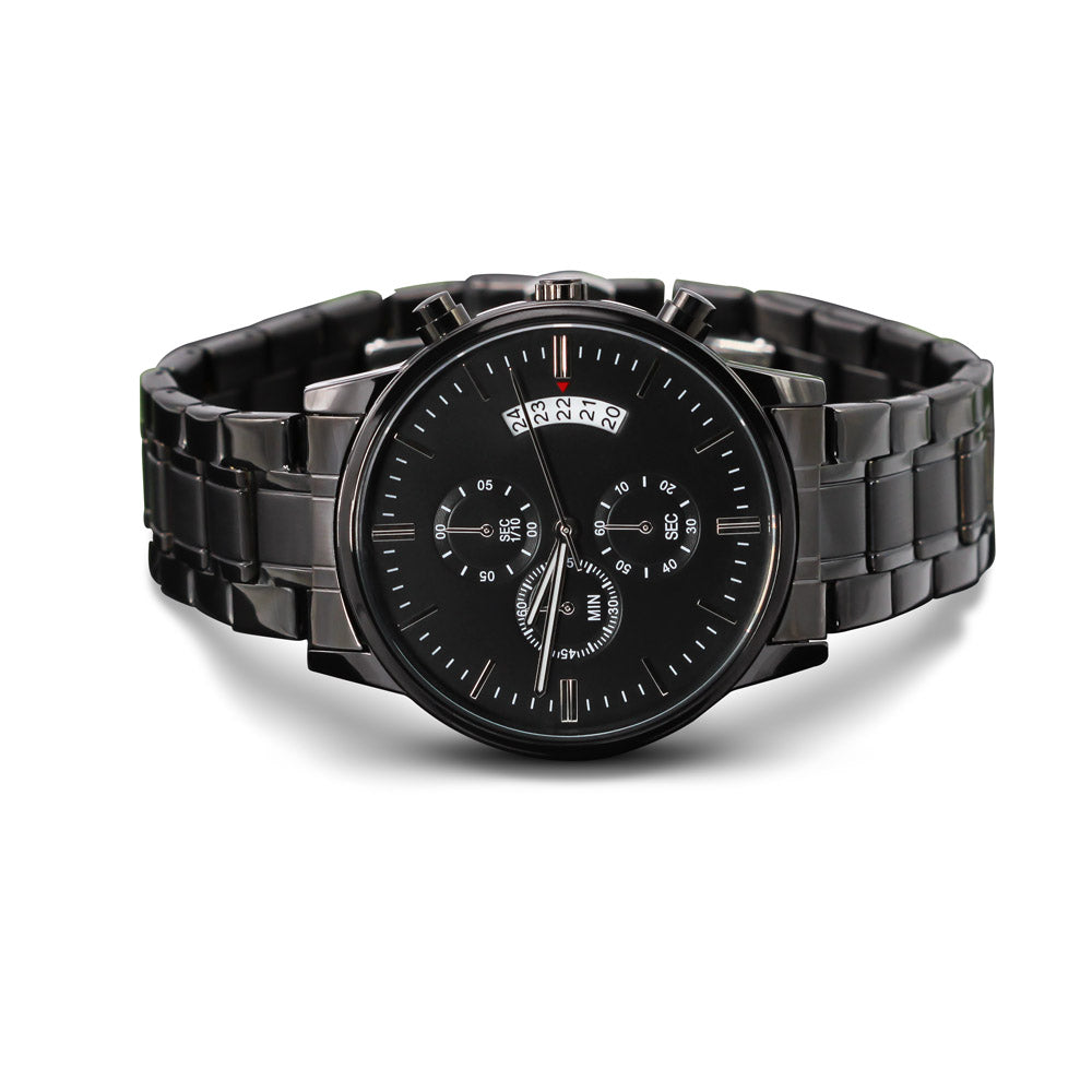 Crafted for style and sentiment, this engraved black chronograph watch offers both sophistication and personalization. Add a heartfelt message or name to make it a one-of-a-kind gift. 