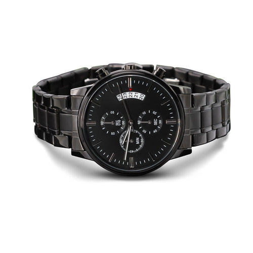 Crafted for style and sentiment, this engraved black chronograph watch offers both sophistication and personalization. Add a heartfelt message or name to make it a one-of-a-kind gift. 