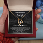 To My Wife – Forever Love Necklace Gift Set in gold, held in hand with elegant wooden box and sentimental message, perfect romantic jewelry gift.