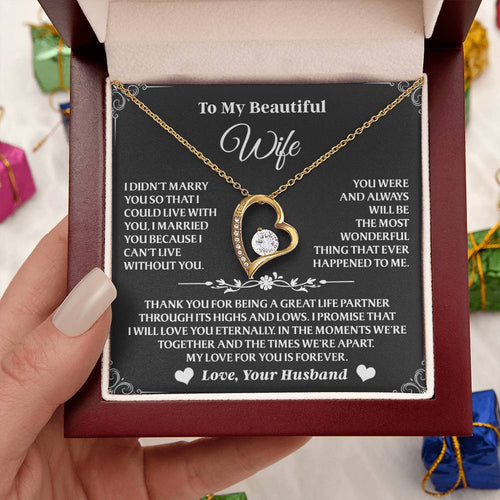 A romantic Forever Love necklace designed to touch your wife’s heart—an elegant symbol of your unbreakable bond and lasting affection.

