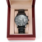 Make every second count with this customizable black chronograph watch. Its durable design and sleek finish make it ideal for daily wear, while the engraved message adds a thoughtful, personal touch.