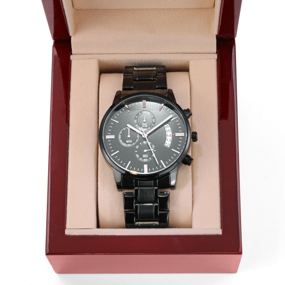 Make every second count with this customizable black chronograph watch. Its durable design and sleek finish make it ideal for daily wear, while the engraved message adds a thoughtful, personal touch.