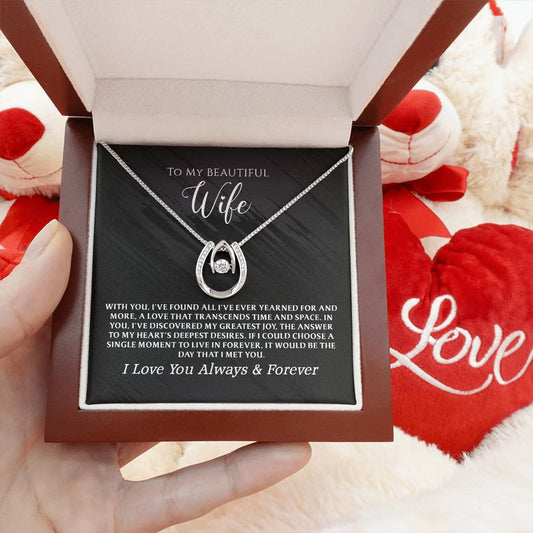 Thoughtful “Lucky in Love” necklace gift set for your wife. A perfect way to say you cherish her presence and feel blessed to walk through life by her side.

