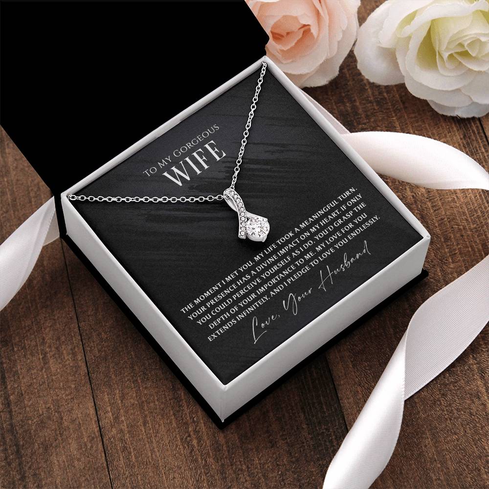 Surprise your wife with the Whispers of Forever Necklace – a sentimental piece that celebrates her beauty and your everlasting love, crafted just for the one who holds your heart.

