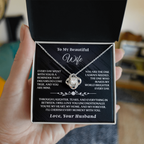 Silver Love Knot Necklace from the To My Beautiful Wife - Love Knot Gift Set - AA17 shown in hand-held gift box with romantic message card.