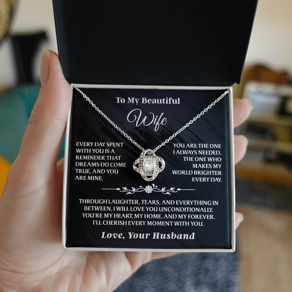 Silver Love Knot Necklace from the To My Beautiful Wife - Love Knot Gift Set - AA17 shown in hand-held gift box with romantic message card.