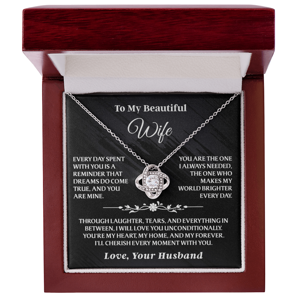 To My Beautiful Wife - Love Knot Gift Set - AA17 displayed in a luxurious cherry wood box with silver necklace and sentimental message card.