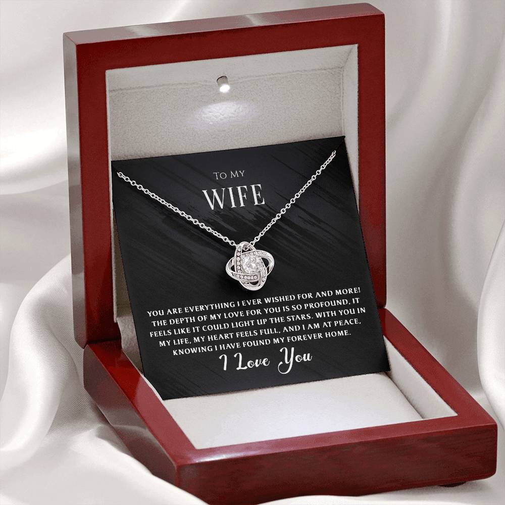Timeless Love Knot Necklace for wife, symbolizing unity and devotion. A touching message card says, “You’re My Everything,” capturing the depth of your love in a single gift.

