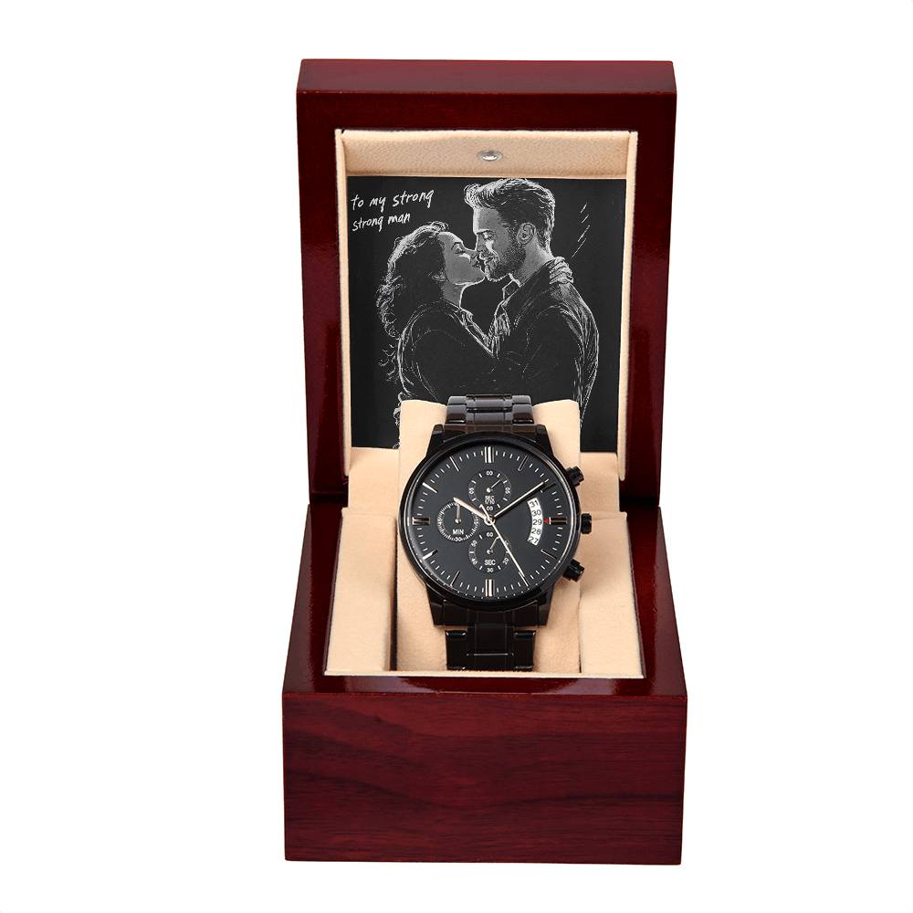 Gift your strong man a sleek black chronograph watch that reflects his strength and confidence. This stylish and functional timepiece is a perfect reminder of your admiration and love. Ideal for birthdays, anniversaries, or any day you want to make him feel truly appreciated.

