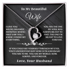 To My Wife – Forever Love Necklace Gift Set featuring a silver heart-shaped pendant with a sparkling center stone, displayed on a romantic message card.