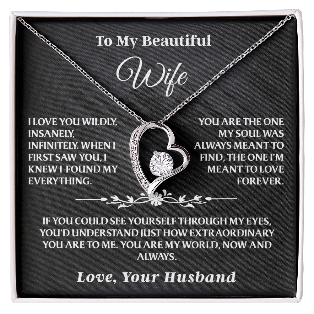 To My Wife - Forever Love Necklace Gift Set - AA38 in silver with sparkling heart pendant and romantic message card in black gift box.